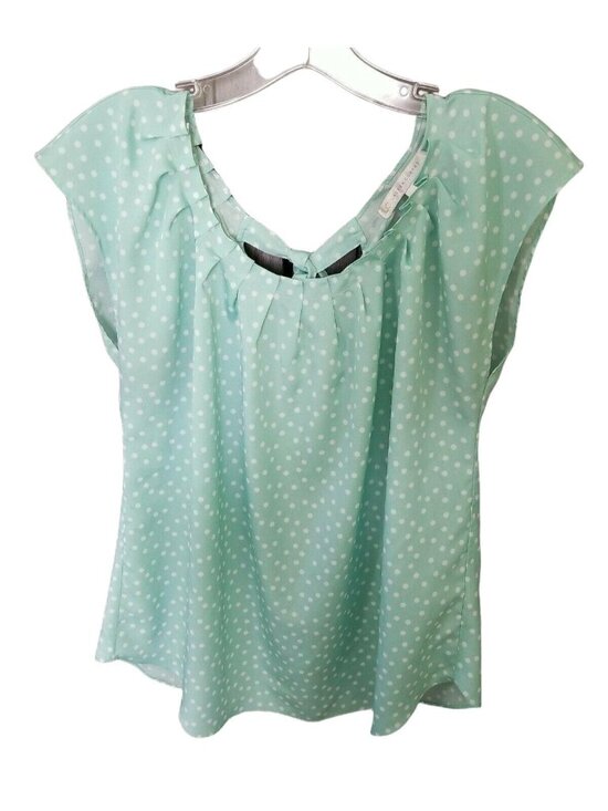 LC Lauren Conrad Tops - Lauren Conrad Size M Blouse Coquette Polka Dot Pleated Keyhole Tie Flirty Teal